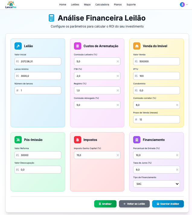 Calculadora de análise financeira do LancePro com custos, venda, reforma e financiamento