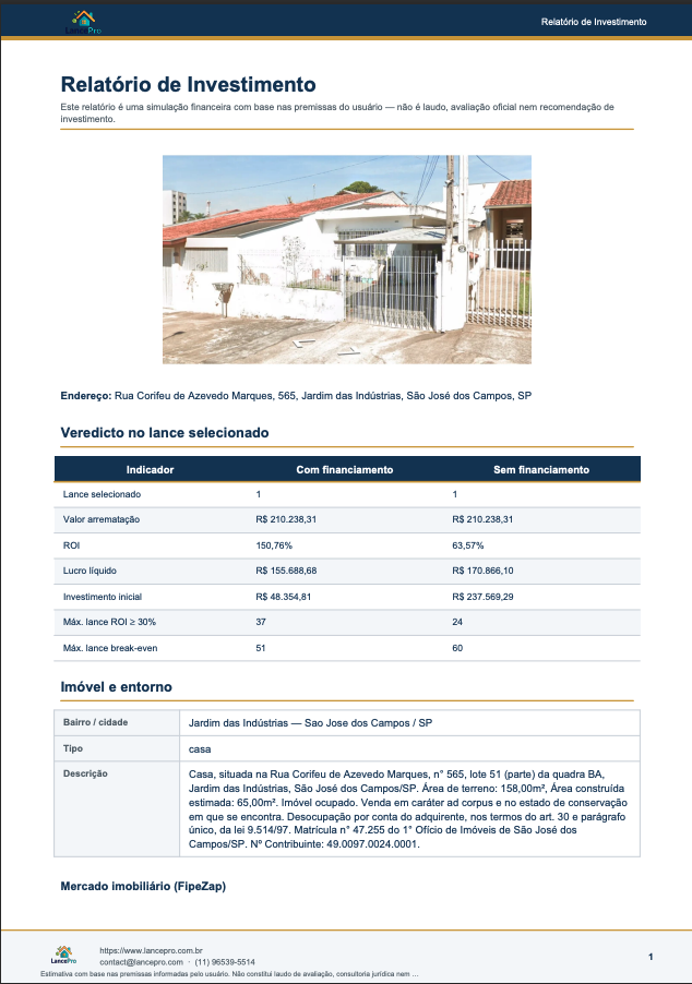 Página 1 do Relatório de Investimento LancePro